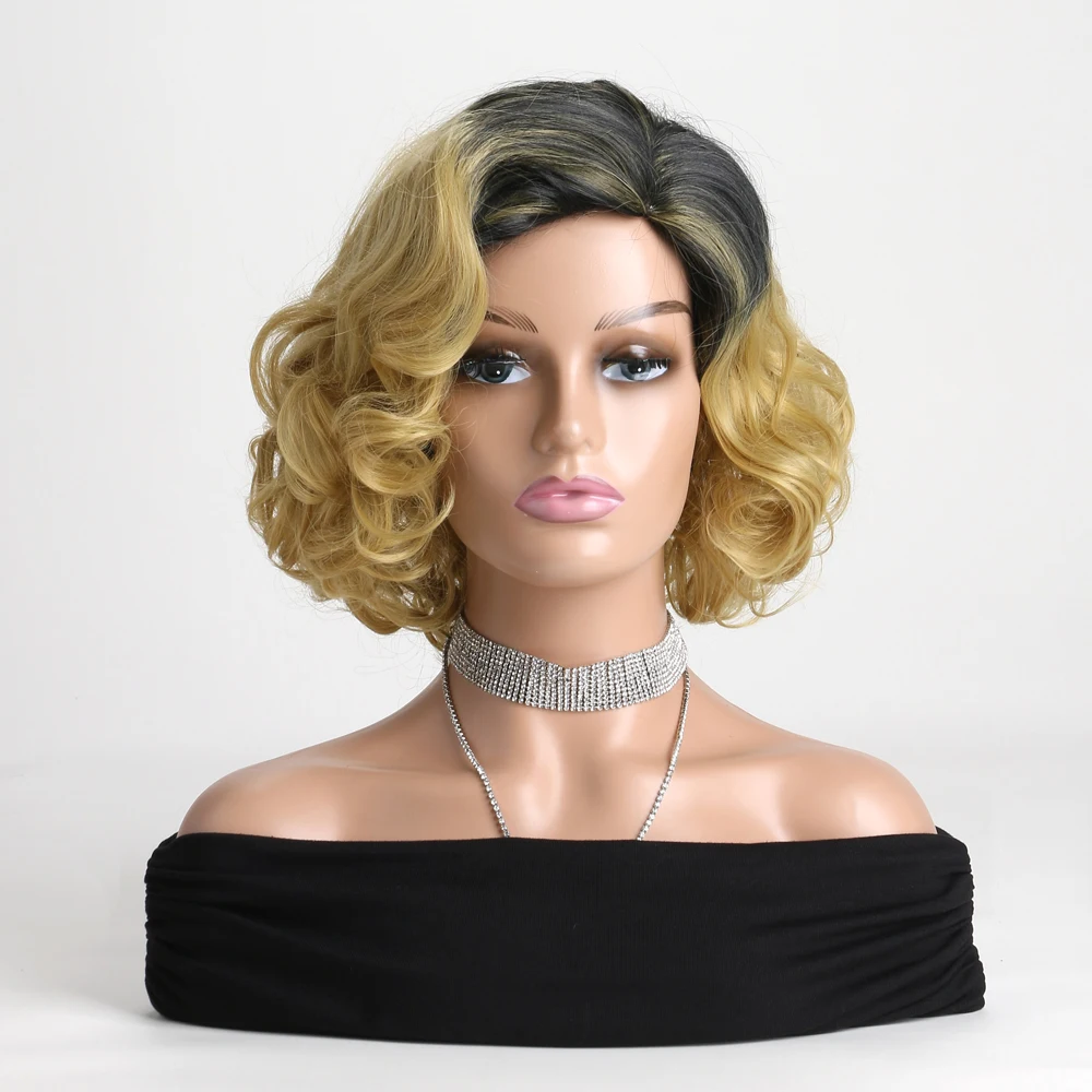 女性用の天然合成かつら,耐熱ヘアピース,短い黒と金のグラデーション,毎日の使用,フェスティバルボール,ハロウィーン,12インチ