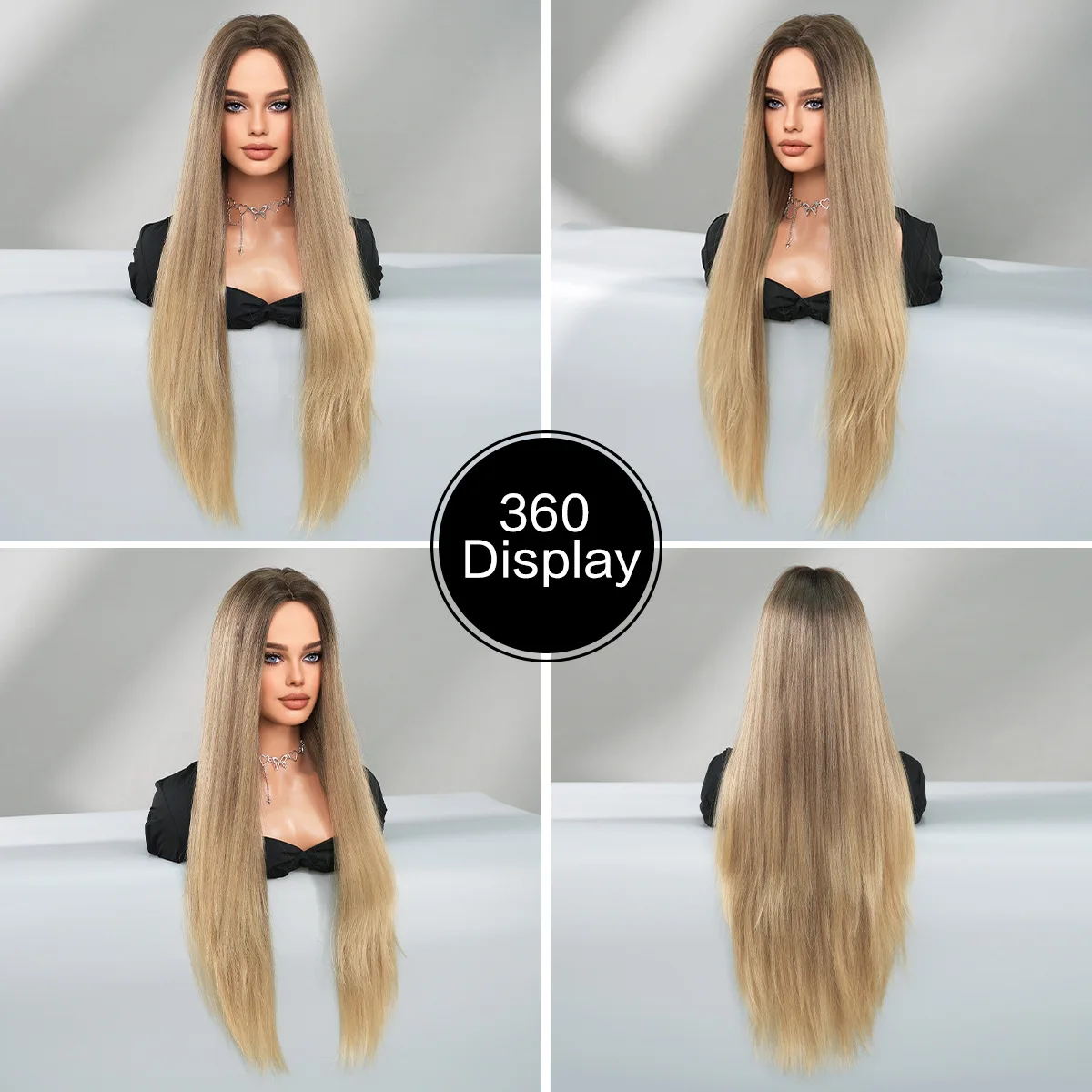 Super Long Straight Full‑Head Wig Middle Part Nordic Natural Golden Ombre Matte Texture For Women Daily Party Fashion Hairstyle