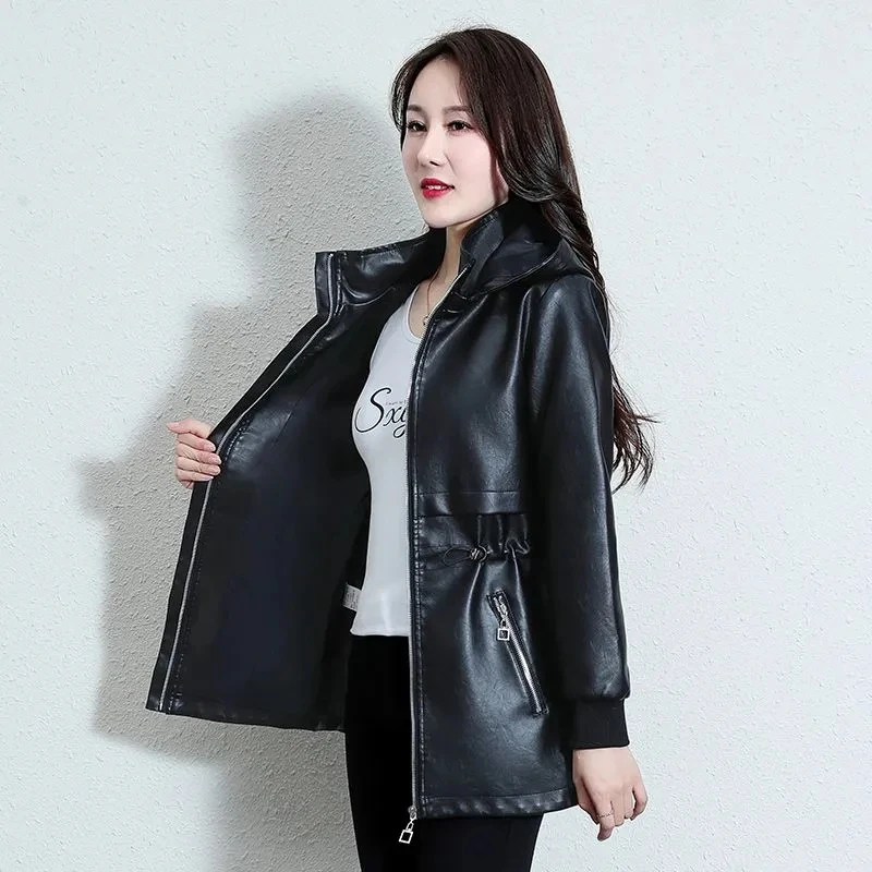 Women's PU Leather Coat Spring Autumn Fashion Hooded Motorcycle Jacket Female Casual Zipper Faux Leather Windbreaker 4XL Y1000