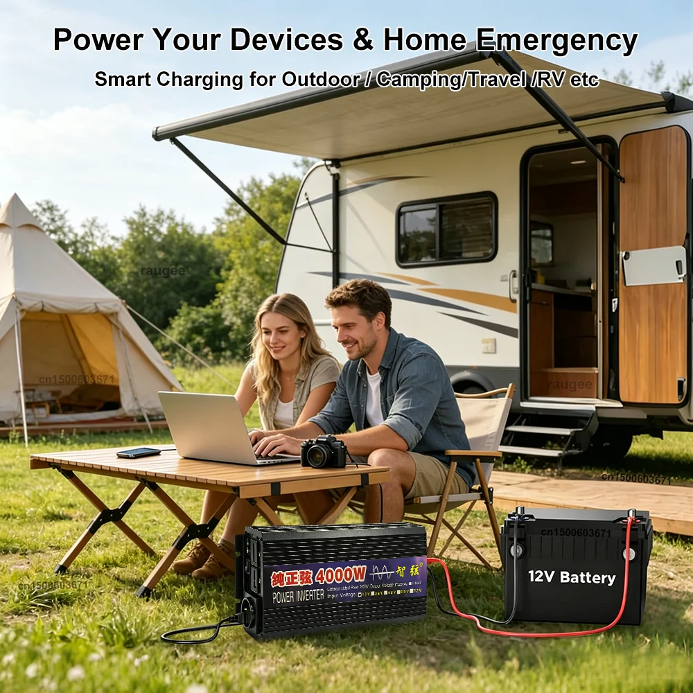 Pure Sine Wave Inverter 2000W-4000W DC 12V to AC 220V Portable Car Power Inverter Charger Converter with Digital Display