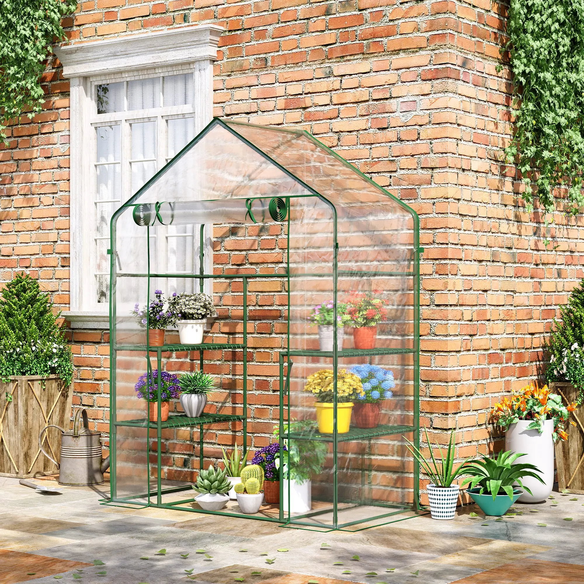 Mini Walk-in Greenhouse 5x2.5x6.5ft, 3-Tier Shelves, Roll-Up Door, Weatherproof Cover, Portable for Backyard Garden, Clear