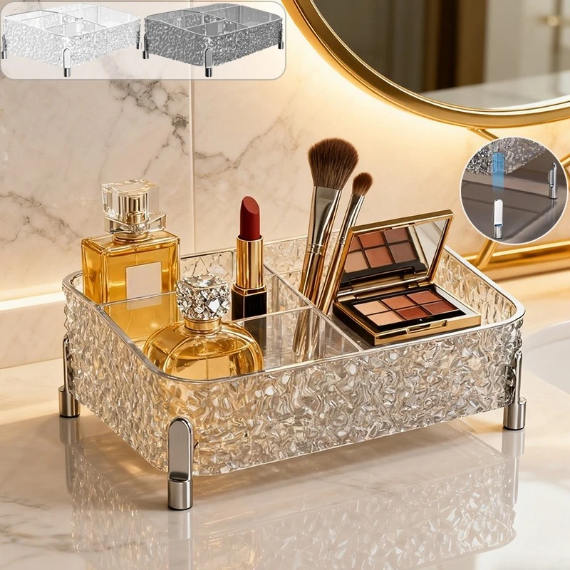 

Light Luxury Water Corrugated Transparent Desktop Storage Box with Compartment for Perfume Lipstick Skincare Product Storage 보관함