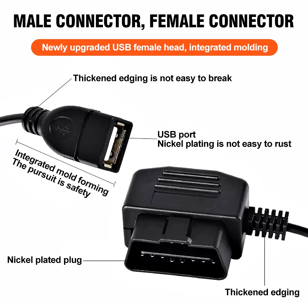 Car OBD2 Male Interface Power Supply Test Line OBD Female head Voltage Drop Cable 50cm Driving Recorder/Positioning Power Cables