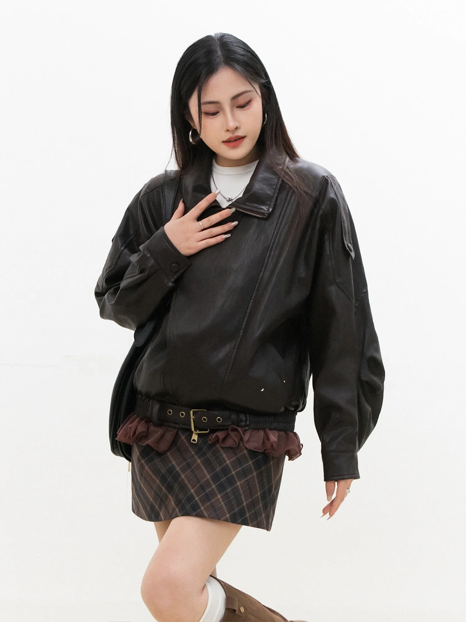 Retro Hong Kong Sle ort Lace Splice Jaet Dames lente herfst ontwerp Sense Stand Collar leren jas Cool en Sli