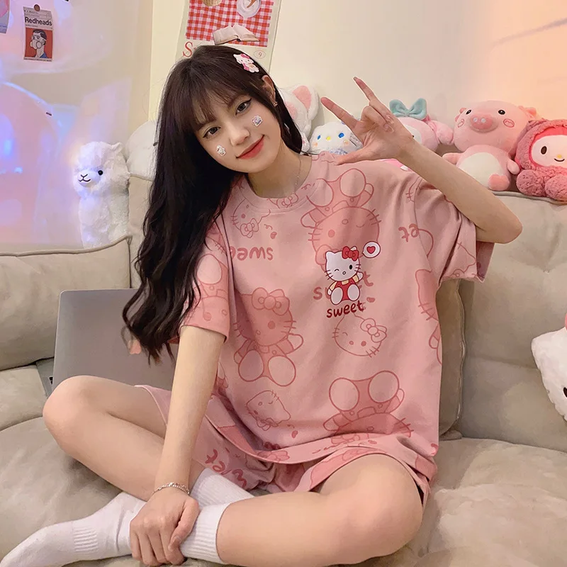 Hello Kitty Women's T-Shirt Set Pajamas Sanrio Kawaii Cinnamoroll Spring Y2K Short Sleeve Thin Cute Girls Casual Home Clothes