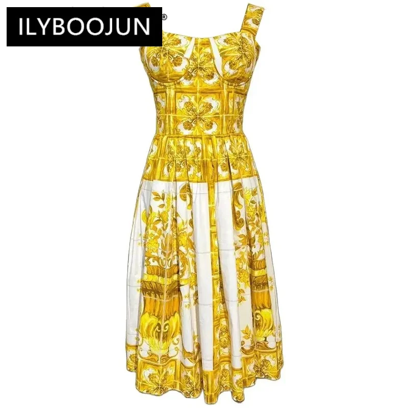 

ILYBOOJUN Fashion Designer Summer Vintage Cotton Dress Women's Spaghetti Strap Sleeveless Yellow Flower Print Backless Dresses