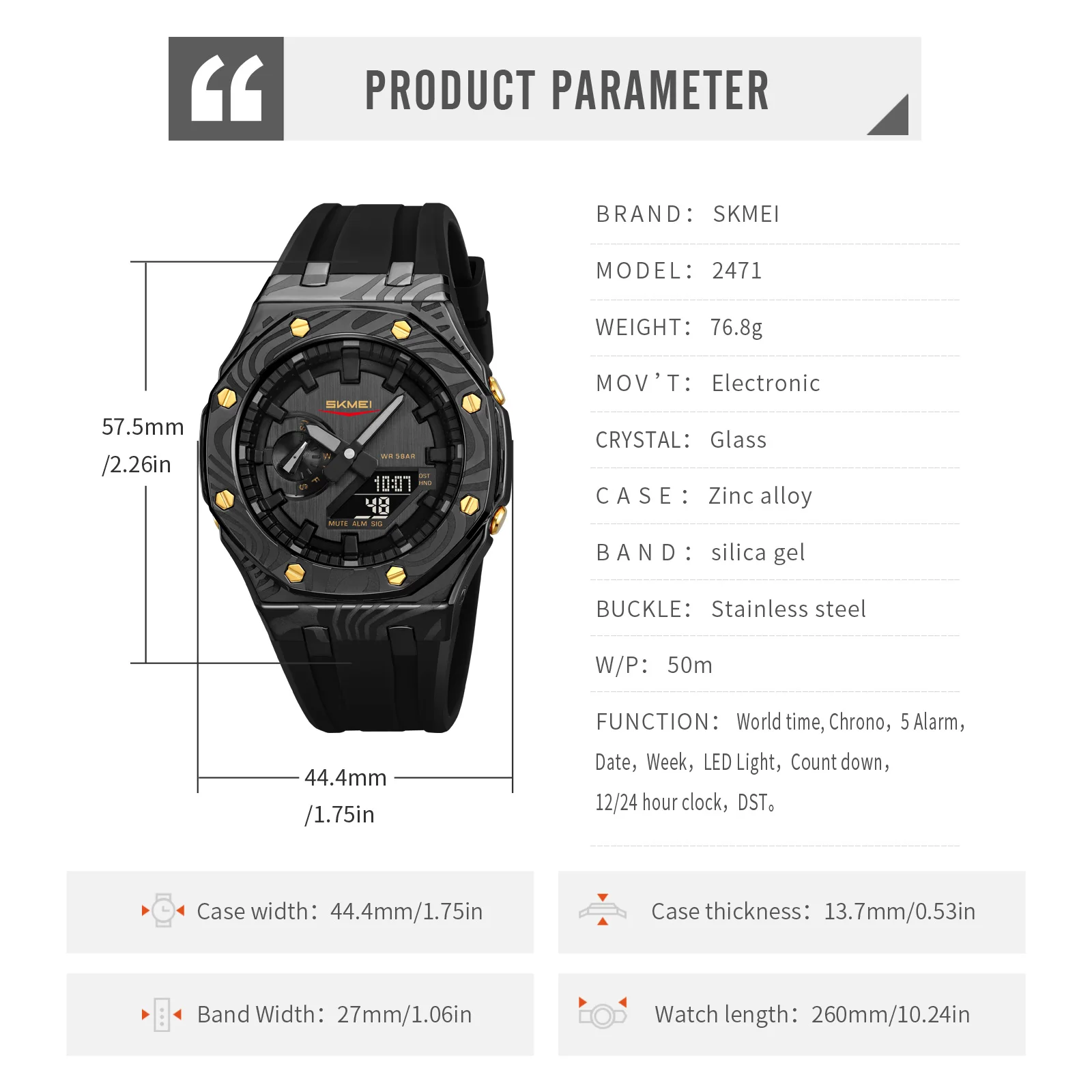 Skmei 2471 LED ضوء الليل المزدوج شاشة ديجيتال كوارتز ساعات مقاومة للماء مع التقويم التناظرية ساعة توقيت توقيت المنبه #5