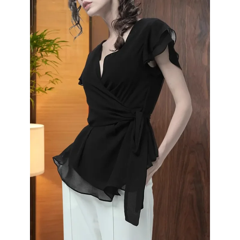 

Designed Temperament Chiffon Shirt Summer New Solid Color Ruffle Strap Short Sleeved Slim Top for Women