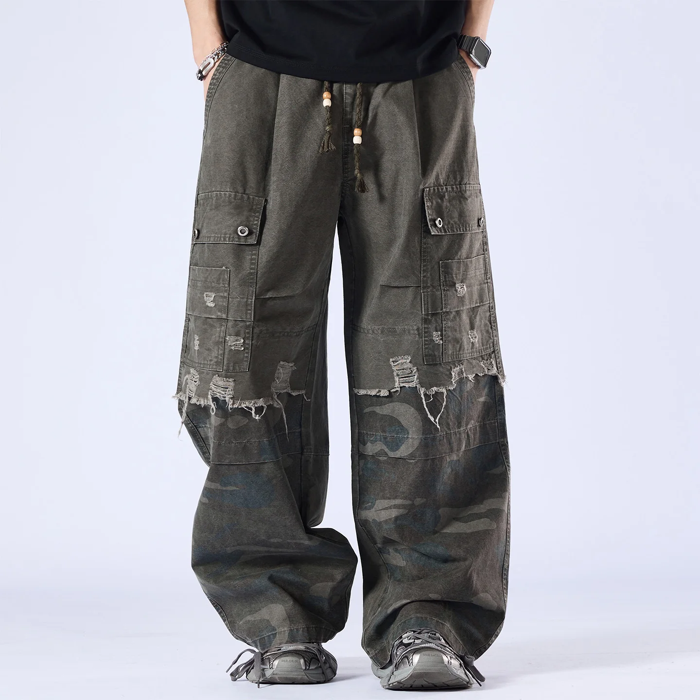 Men Japanese Streetwear Fashion Loose Casual Pure Cotton Camouflage Ripped Cargo Pants Trousers Cityboy Wide Leg Baggy Trousers