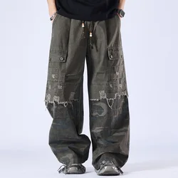 Men Japanese Streetwear Fashion Loose Casual Pure Cotton Camouflage Ripped Cargo Pants Trousers Cityboy Wide Leg Baggy Trousers