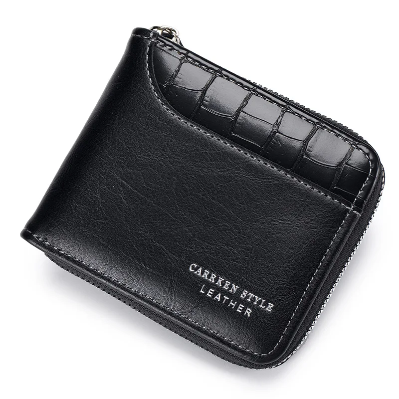 Men's Short Wallet Patchwork Stone Texture Large Capacity Tri-Fold Zipper Coin Purse Multi-Card Holder