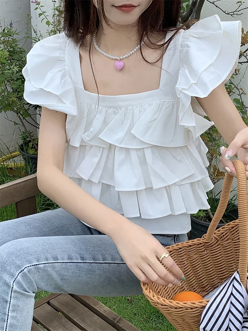 

2024 Camisas De Mujer Fashion Simple White Blouse Women Square Collar Flying Sleeve Crop Tops Ruffles Summer Sweet Blouses Tops
