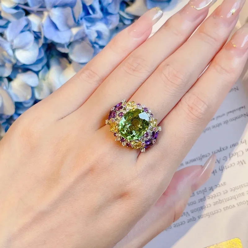 Sterling silver romantic colored gemstone ring for women, open-backed, gold, fresh mint green colored gemstone finger ring