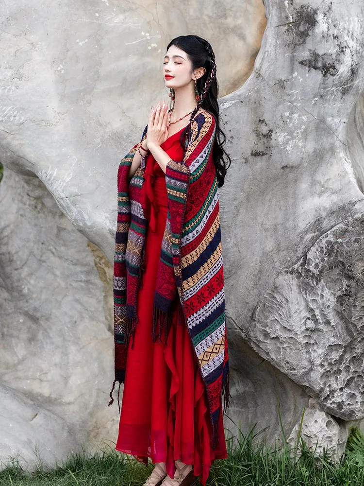Fashionable and stylish red embroidered long dress for women's vacation photos