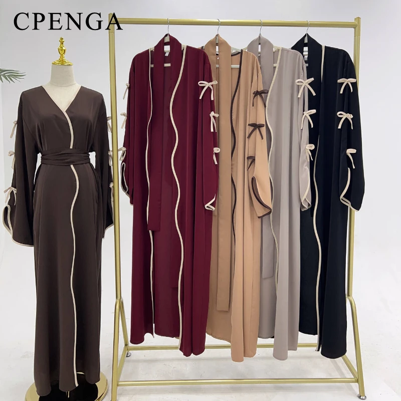 

2025 Eid Middle East Muslim Women Bow Sleeves Dress Ramadan Dubai Kimono Abaya Islamic Party Outfit Fashion Turkey Modest Robe