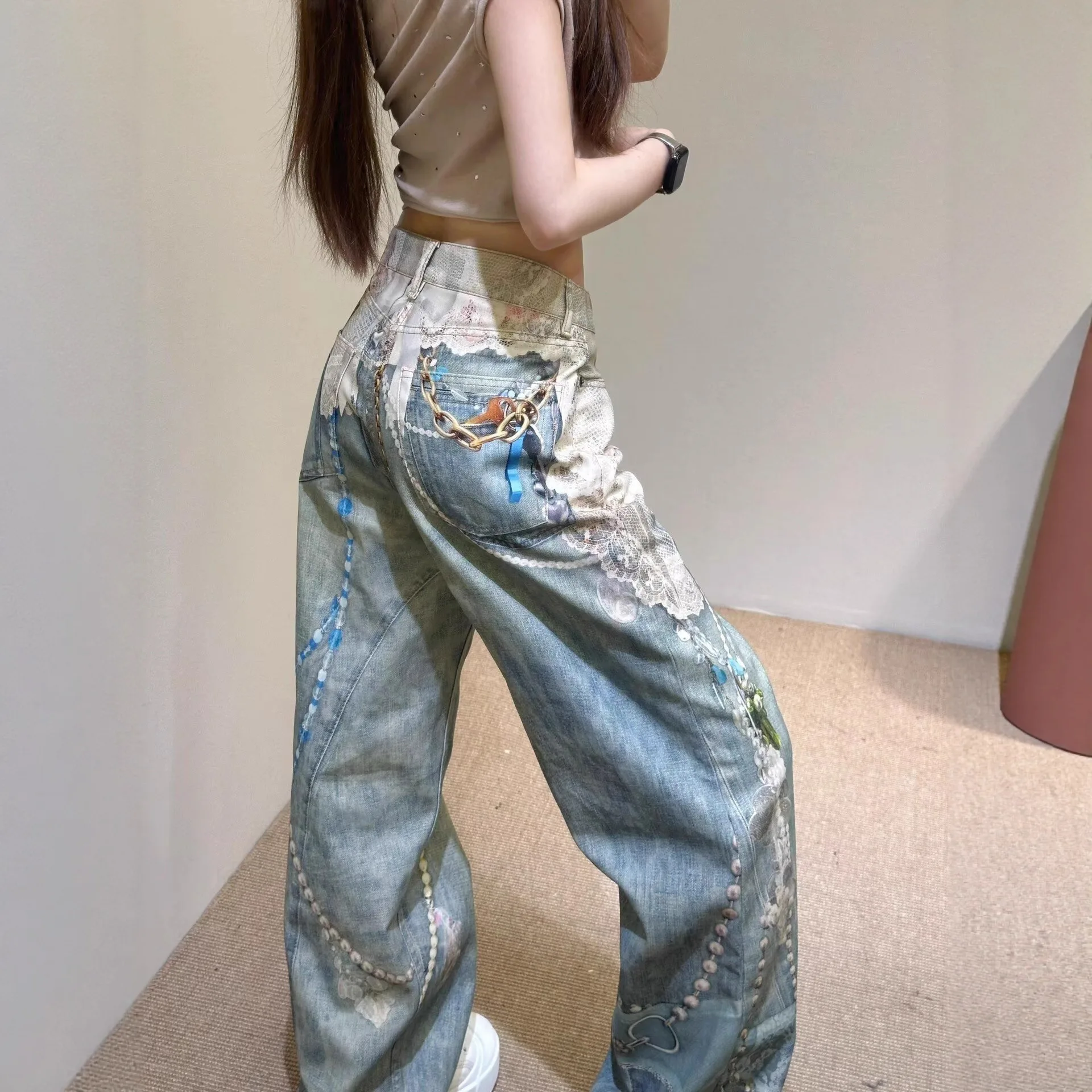 Women Jeans 2026 Autumn New 3D Printed Heavy Lace Pearl Pattern Curved Straight Leg Denim Long Pants For Women