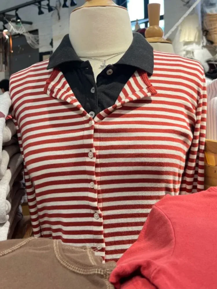 

Simple Striped Slim Long Sleeve T-shirt Women Lace Trim O-neck Single Breasted Cotton Tee Shirts Sweet Cute Preppy Style Top New