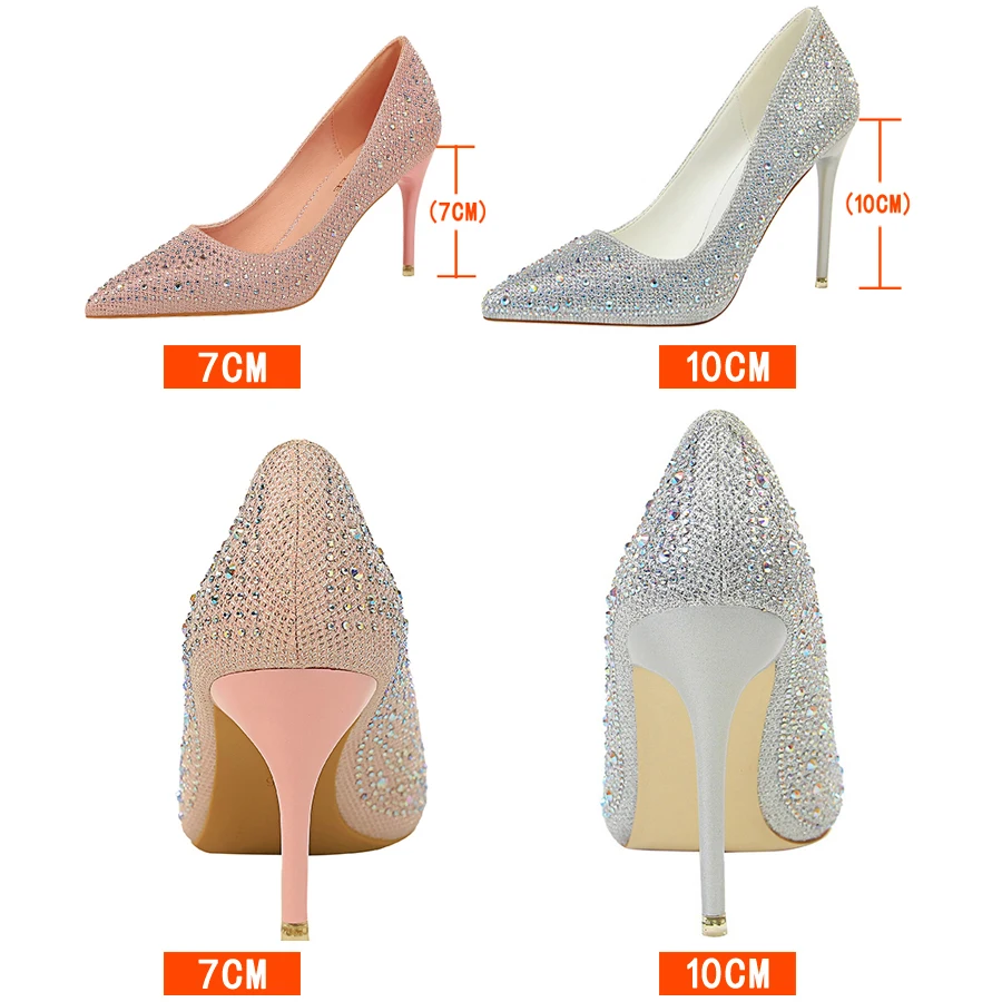 حجم كبير 43 النساء مضخات موضة أحذية الزفاف حجر الراين بريق العروس عالية الكعب خنجر 7 سنتيمتر 10 سنتيمتر الفاخرة مضخات أحذية الحفلات #2