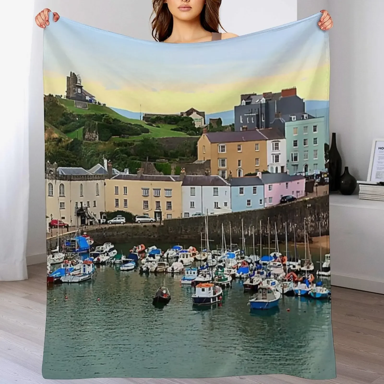 

Tenby Harbour Panorama Throw Blanket Cozy Home Blanket Gift for Christmas Holiday