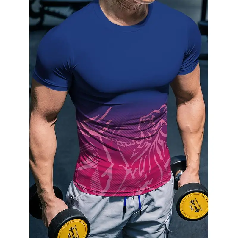 Western Style Print Men's Quick Dry Athletic T Shirt Stretchy Tight Muscle Emphasizing Fitness Wear Cycling Running Training