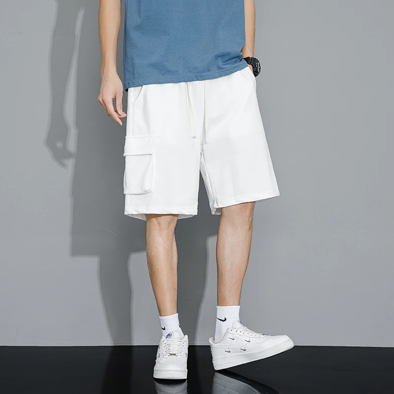 Stylish Safari Style Loose Knee Pants Men's Clothing Straight Summer Drawstring Basic Solid Color Pockets Spliced Casual Shorts
