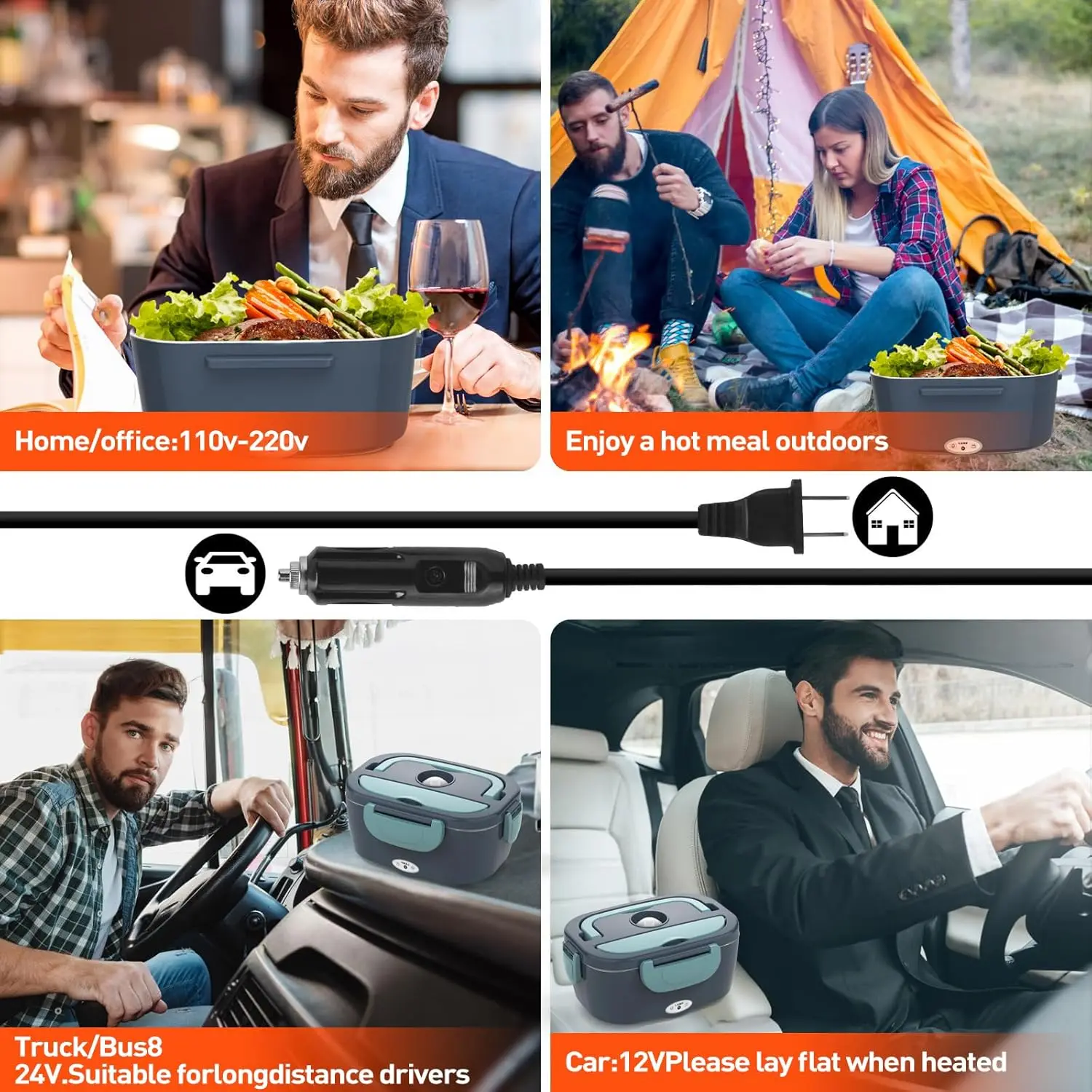 صندوق غداء كهربائي من APSARAS بقدرة 60-80 وات، 3 في 1 لتدفئة الطعام المحمولة للسيارة/المكتب، 12 فولت/24 فولت/110 فولت، يتضمن شوكة SS وحقيبة معزولة (Gre) #2