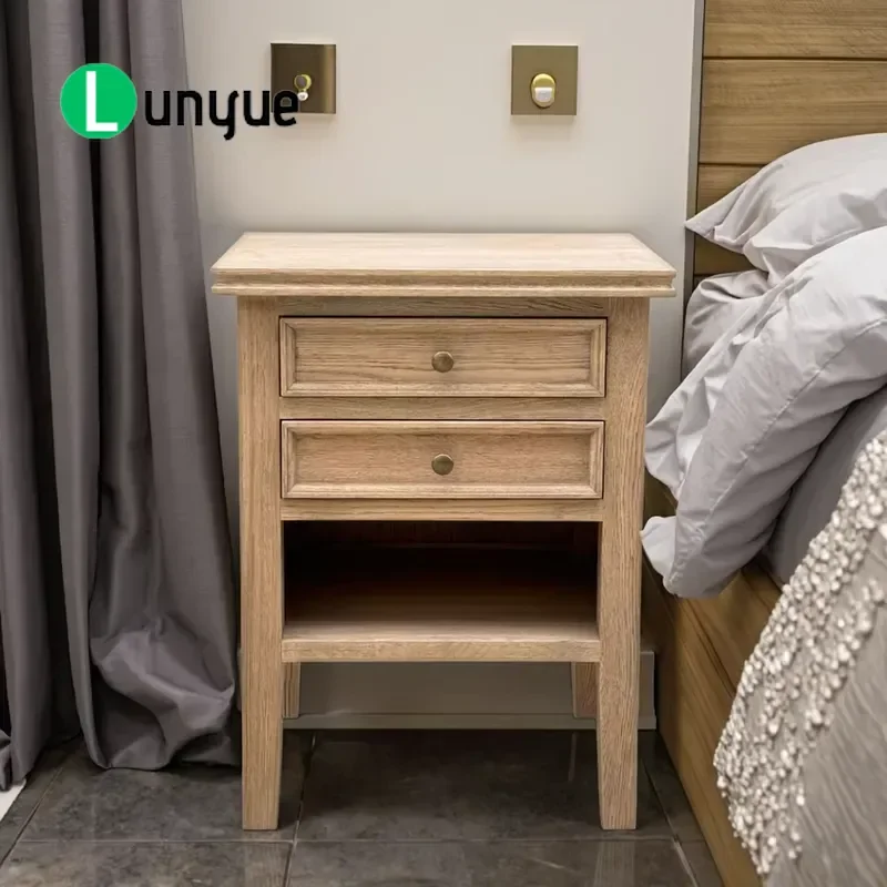 French Antique Style Handmade Solid Oak Bedside Table with 2 Drawers and Locker Bedroom Furniture Storage Nightstand