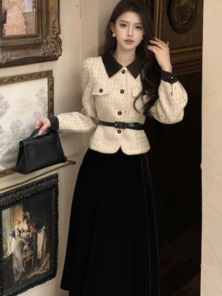 Elegant Two Piece Skirt Set For Women Office Lady Vintage Outfits Fashion Long Sleeve With Belt Jacket Black Velvet Midi Skirts