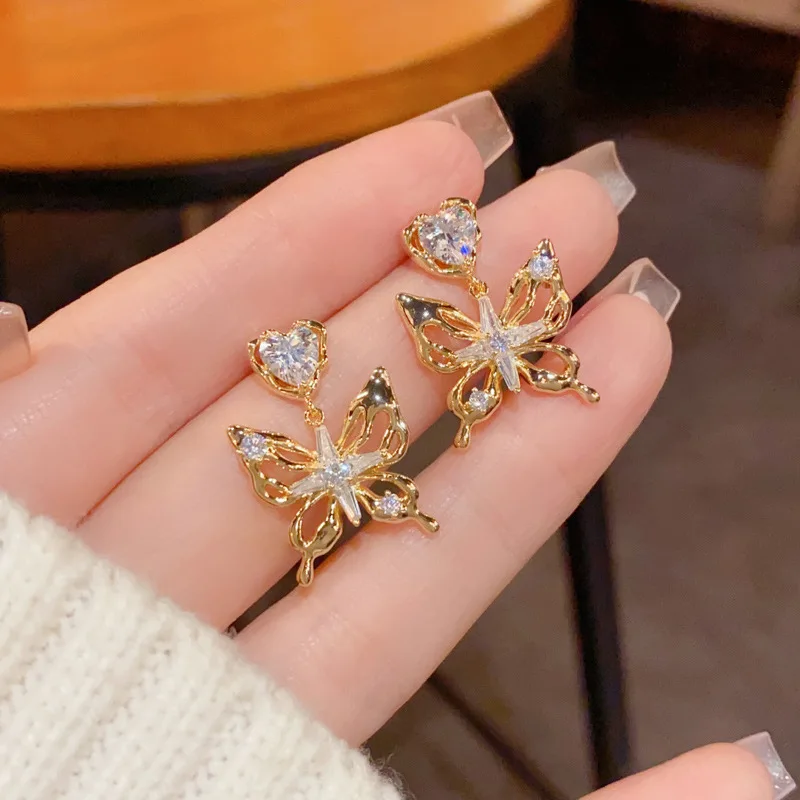 S925 Silver Needle Luxury Zircon-Encrusted Metal Hollow Butterfly Ear Studs Fashionable Simple Versatile Earrings Women