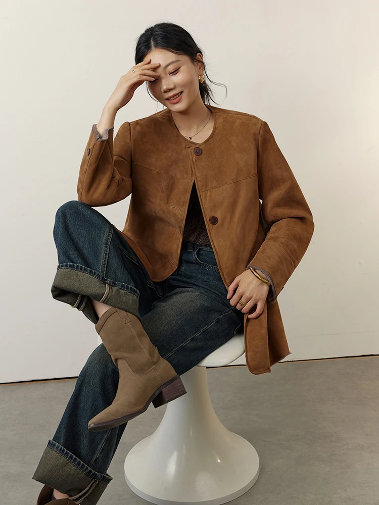 Abrigos de piel de oveja auténtica de lujo de alta gama para mujer, chaqueta de ante de invierno de piel auténtica con cuello redondo y una hilera de botones