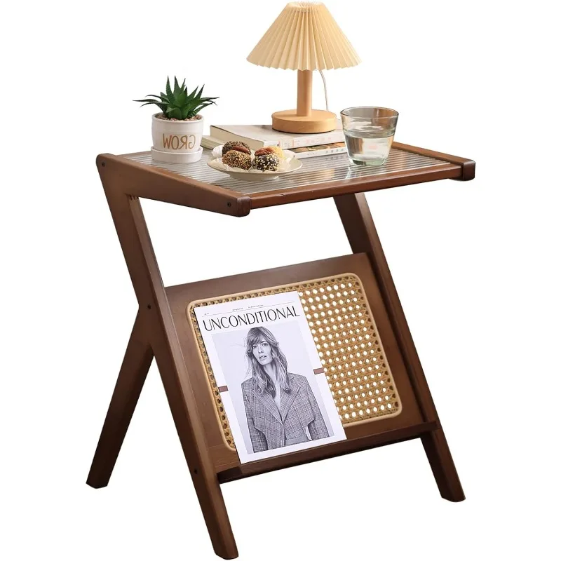 Rattan Nightstand Side Table, Bamboo Accent Bedside Tables, Glass Coffee Tables,  Wooden End Table with Storage for Small Space