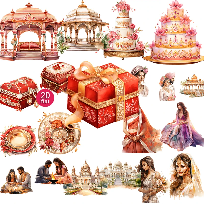 20pcs 2D  Indian Wedding, Hand-painted Decorative Stickers, Suitable for diaries and DIY scrapbook stickers