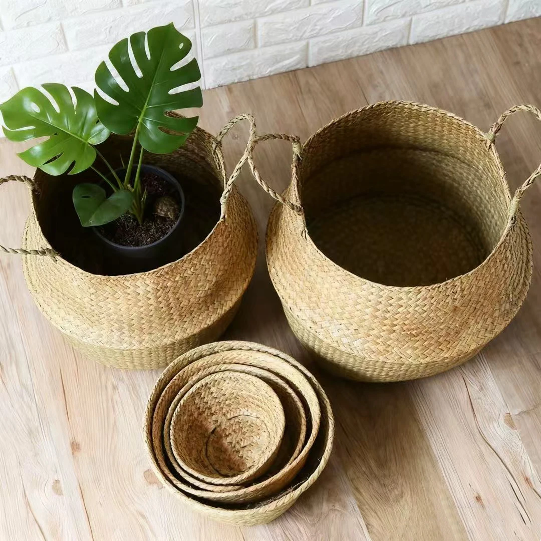 Seaweed Wicker Storage Baskets Straw Wicker Rattan Hanging Flowerpot Seagrass Folding Laundry Home Decor Wholesale Dropshipping-