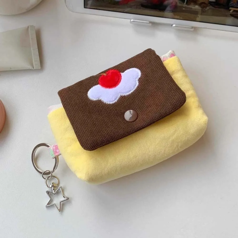 Cherry Pudding Design Coin Purse Soft Velvet Corduroy Texture Mini Pouch Wallet with Cake Key Chain Contrast Color Stitching