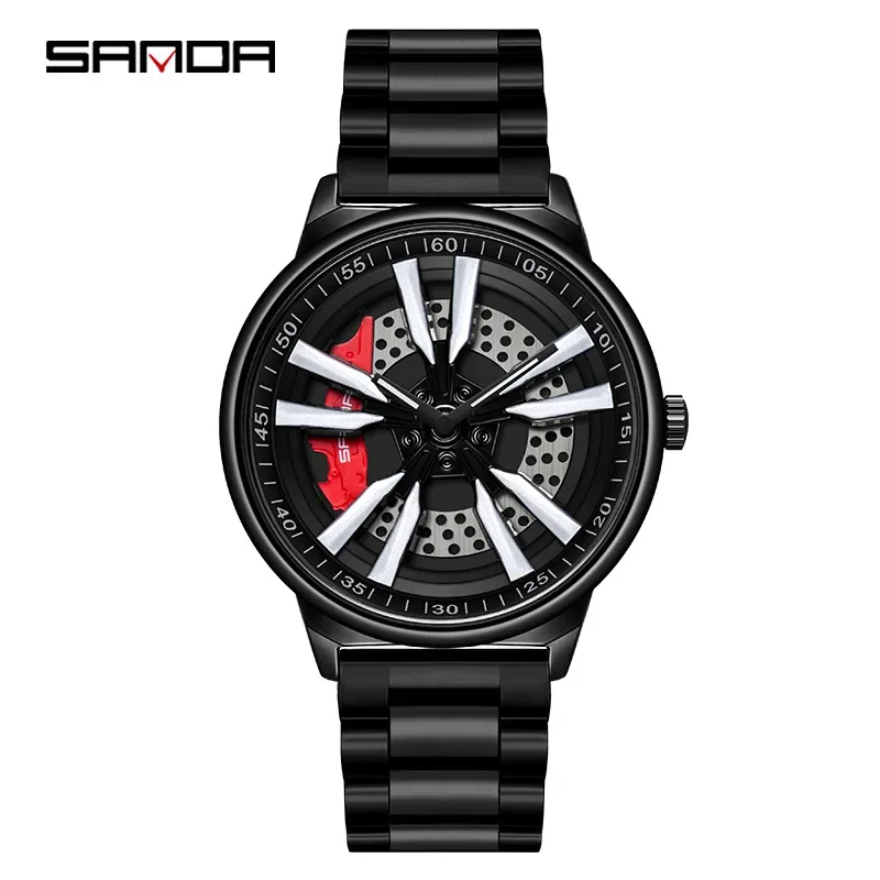 Fashion Sanda Top Brand 1111 Rotating Car Wheel Hollow Out 3d Design Dial Water Resistant Quartz Movement Men Wrist Analog Watch