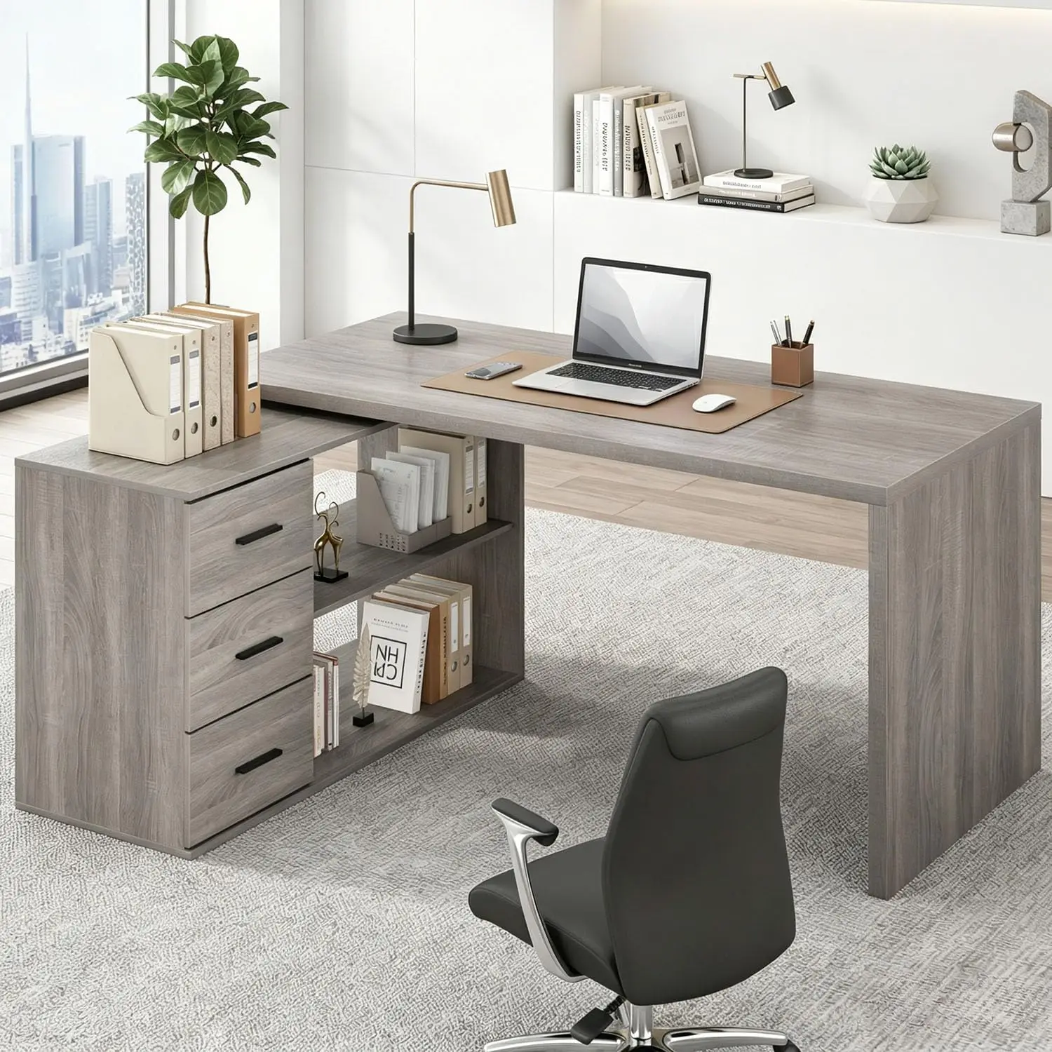 L Shaped Corner Computer Desk with 3 Storage Drawers 60 inch, Customized