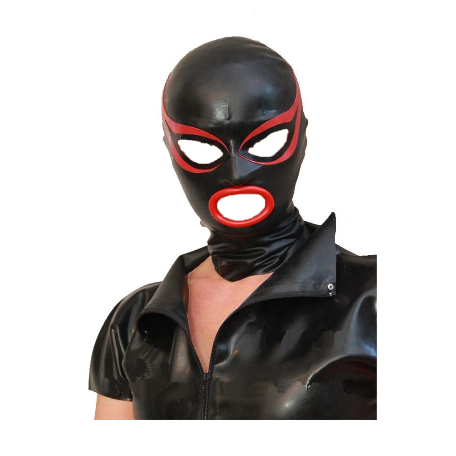 

MONNIK Black Latex Hood Mask Flying Eye Design with Red Trim Rubber Unisex Mask for Catsuit Party Halloween Cosplay Club Wear