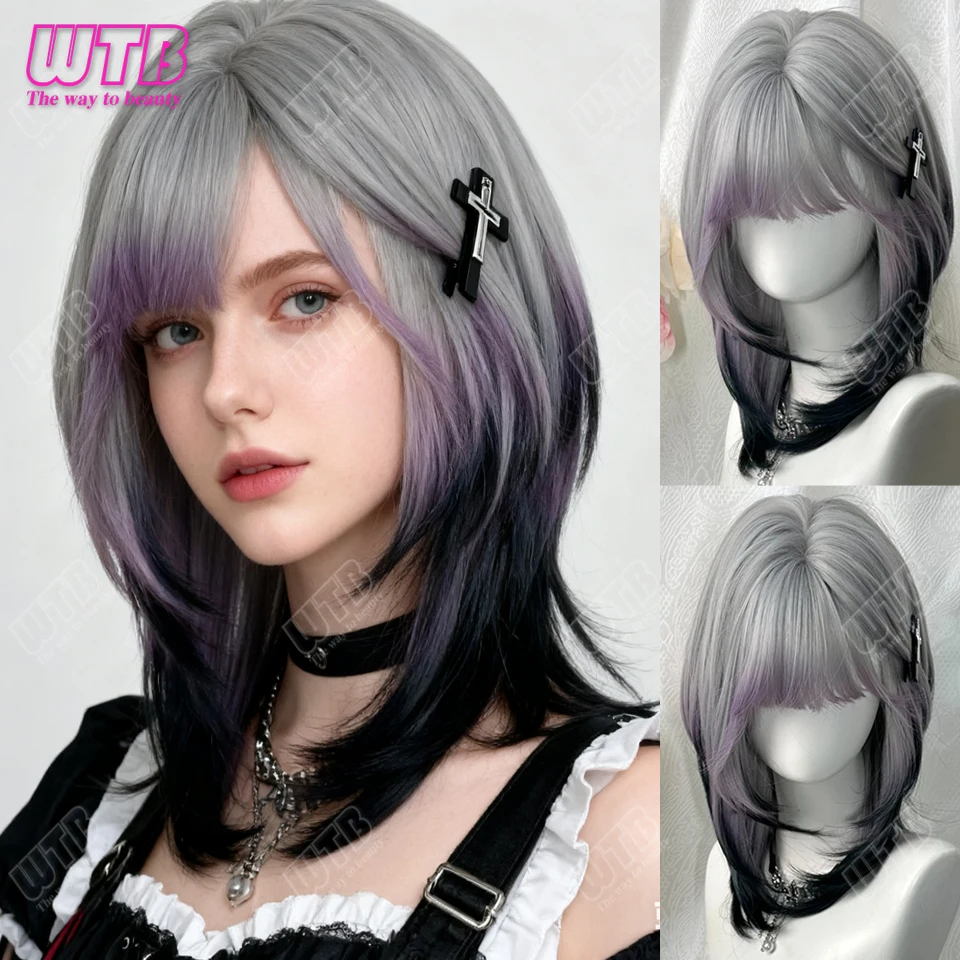 

WTB Косплей Парик Синтетические Длинные Волнистые Белые Ombre Светло-Голубые Красочные Парики Лолиты с Челкой Хэллоуин Ежедневные Парики Термостойкие