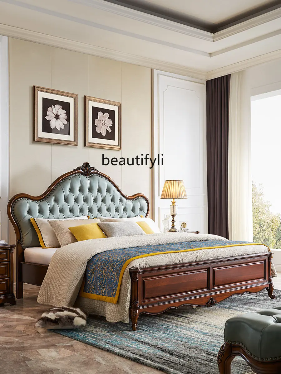 American Country Solid Wood Bed Modern Light Luxury Double Bed Master Bedroom 1.5 M 1.8 M European Soft Roll Marriage Bed