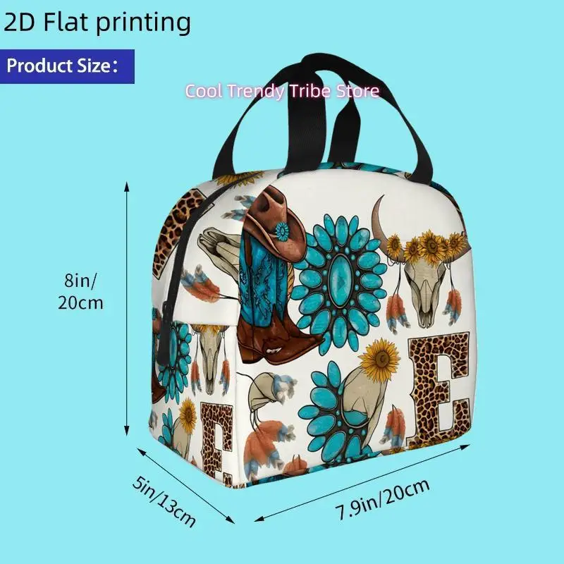1pc Western-themed Insulated Cooler Bag Featuring a Cowboy Hat, Boots, Skull, and Turquoise Accents. Reusable Portable Hot/cold
