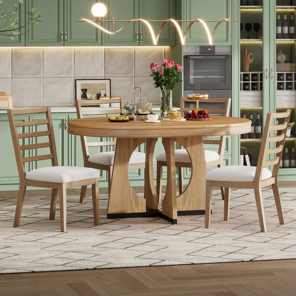 

Round Dining Table with Chairs Set, Extendable Dining Table Set with 16" Removable Middle Leaf, 5 Piece Retro Dining Table Set