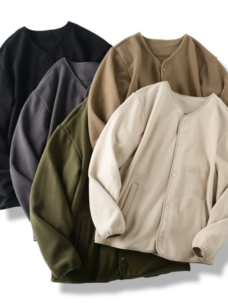 

Men's Double-sided Polar Fleece Autumn Winter Women Couple Retro Collarless Windproof Warm Cardigan Single Breasted Jacket Coat