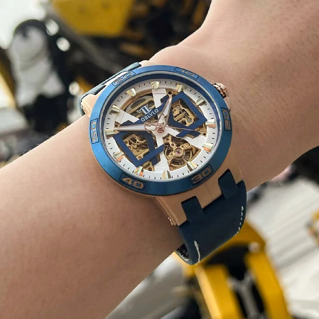 مستطيل الرياضة الهيكل العظمي مضيئة العسكرية التلقائي ساعة ميكانيكية للرجال الصلب حزام من الجلد الياقوت مقاوم للماء UM