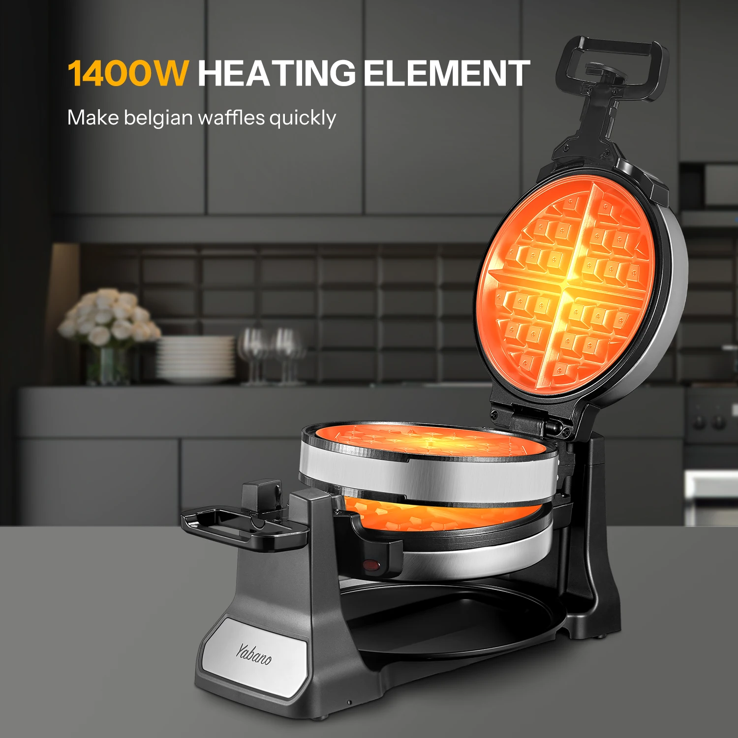 Belgian Waffle Maker, Classic Rotating Waffle Iron with Nonstick Plates, Removable Drip Tray and Cool Touch Handles, Double Flip