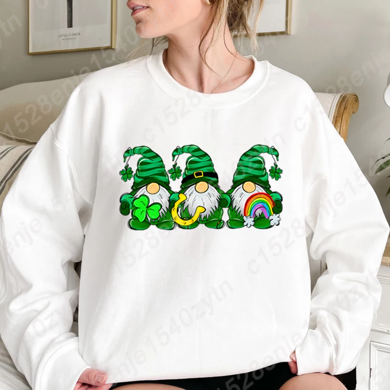 

St Patrick's Day Gnome Clover Sweatshirts Women Creative Personalized Autumn Winter O Neck Hoodless Pullovers Ladies Casual Tops