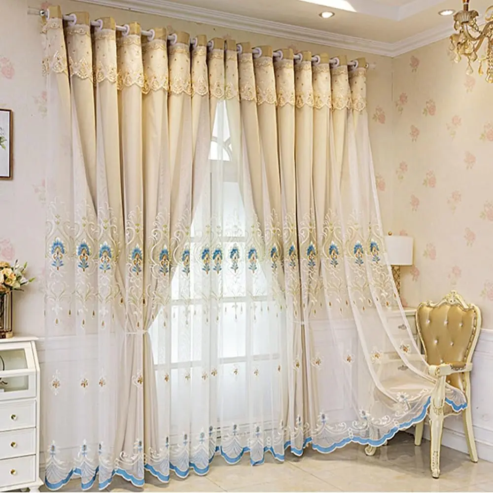 1 Panel 132cm Width European Double Layer Curtain with Valance for Living Room Embroidered Blackout Curtain for Bedroom