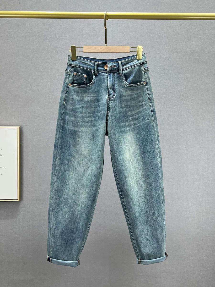 

Свободные джинсовые брюки-харлан с высокой талией для женщин: модные, новые, весенние, эластичные, утягивающие, в европейском стиле, длинные, из хлопка, стрейч