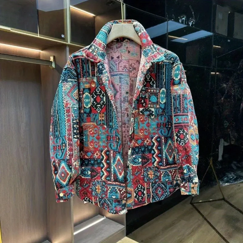 سترة قميص جاكار ملونة منسوجة للرجال بنمط عرقي سترة دافئة من القطن فضفاضة عصرية #4