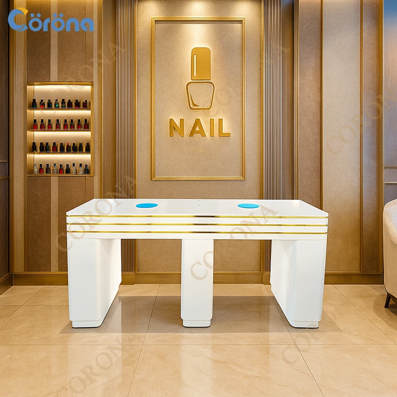 Modern Salon Manicure Furniture Marble Nail Desk Tables With Ambient Light