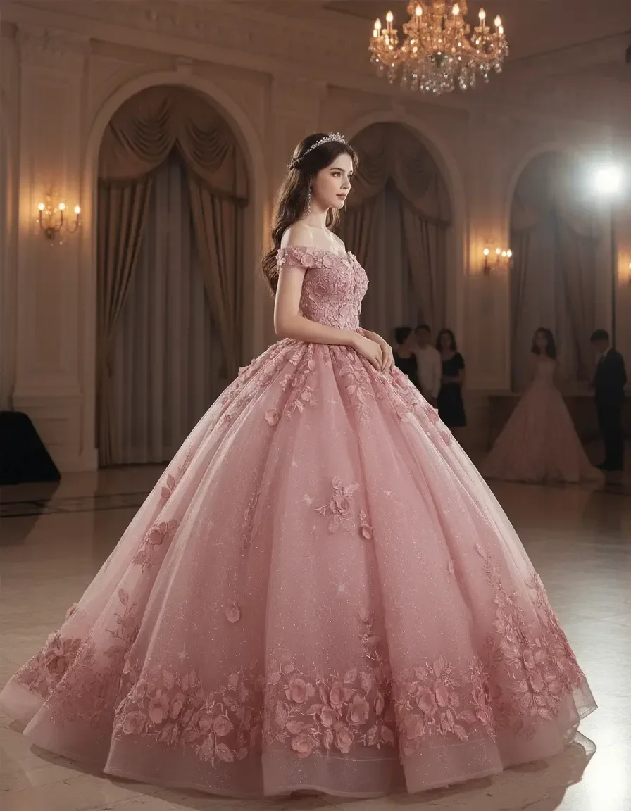 Pink Off Shoulder 3D Floral Ball Gown Quinceanera Dress Prom Graduation Gown Wedding Host Evening Party Birthday Formal Dress